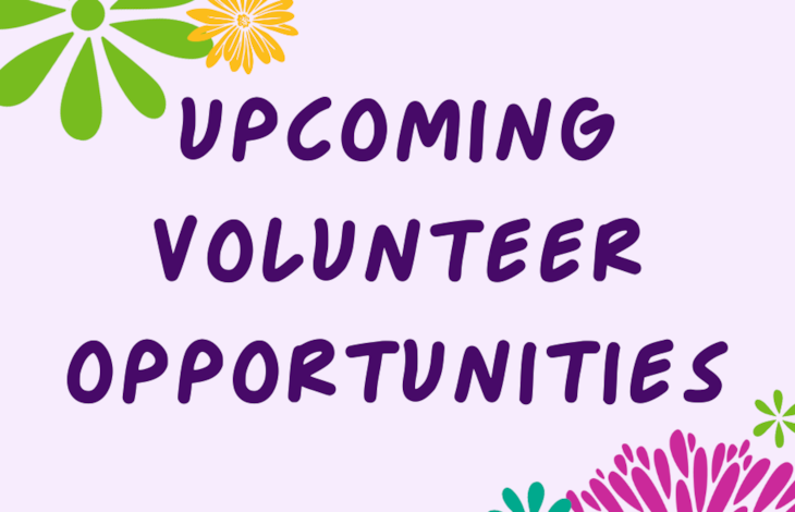 A light purple background with the words "Upcoming volunteer opportunities" in dark purple. Decorative flower graphics surround the words.